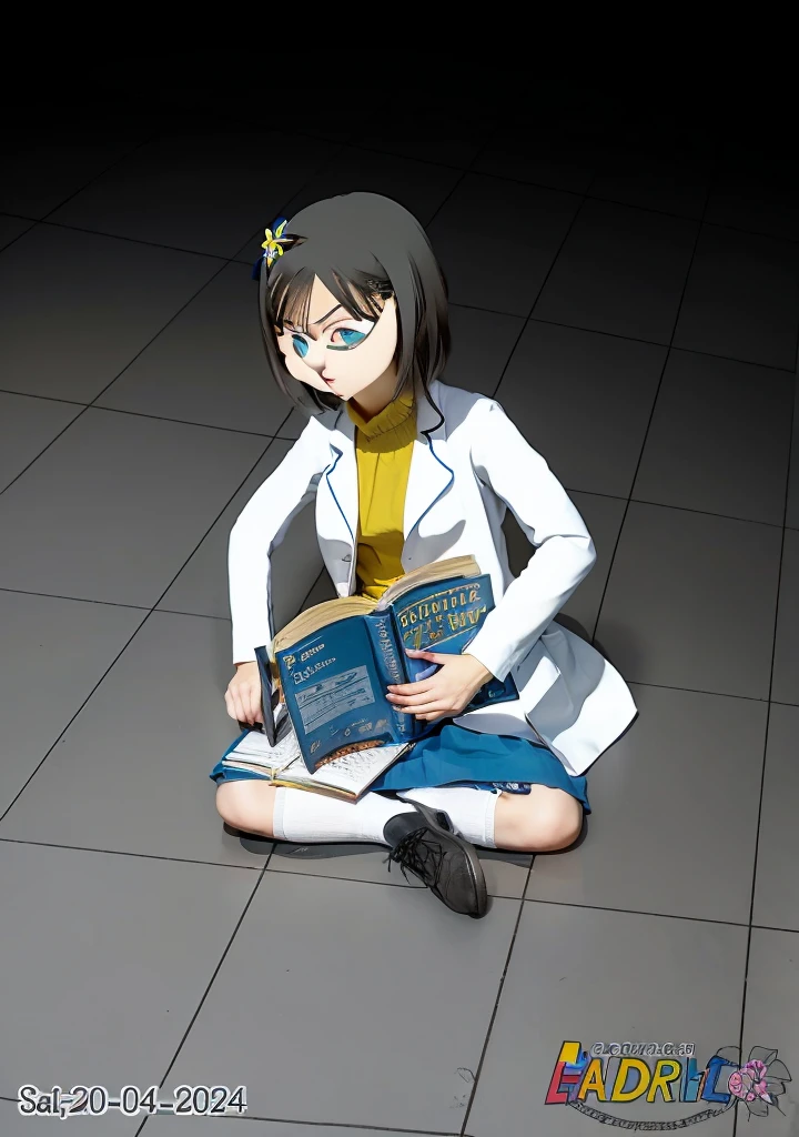 Girl, dark hair, blue eyes, flower hairpin, white lab coat, yellow shirt, blue skirt, black shoes, white socks, dark blue calculus book,writing,studying on the floor, half dark room