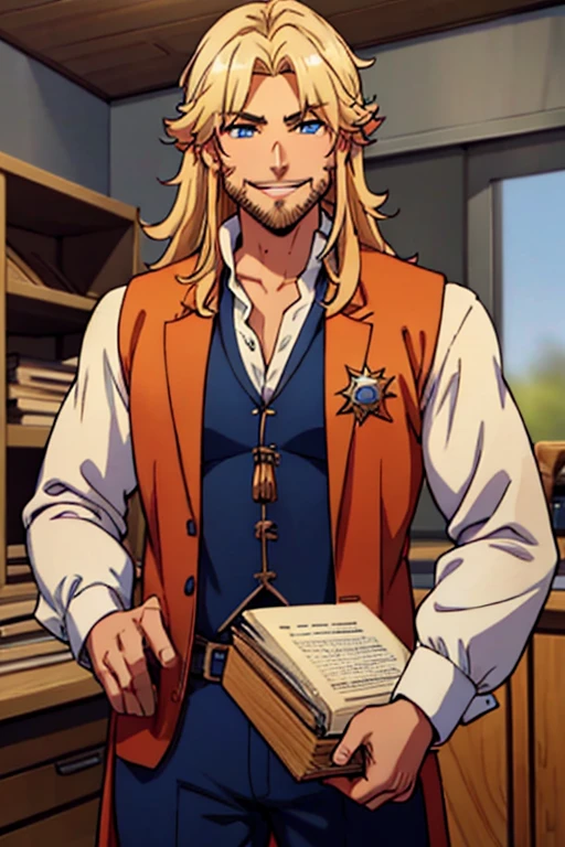 Perfect face. Perfect hands. A blonde muscular haired cowboy with blue eyes and a dark beard and long hair in a sheriff's outfit is exploring the outlaw's den with a big smile