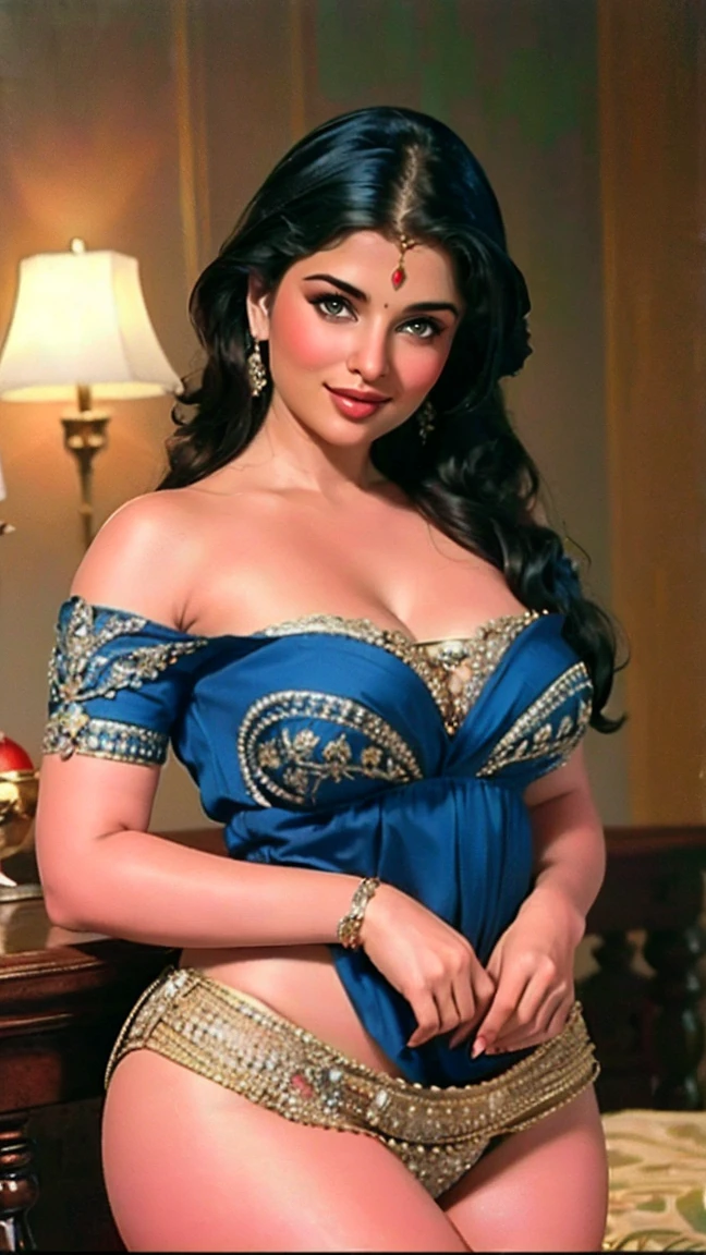 A masterful hyperrealistic photo of a timeless beauty that exudes the essence of a Gibson smiling Indian milf in her prime. Her luxurious upswept hair is adorned with exquisite ornaments, and her deep necked blue blouse accentuates her graceful curves. The intricate details of her attire and facial features are rendered with incredible precision. adding a touch of quirkiness to this otherwise classic portrait
photo"