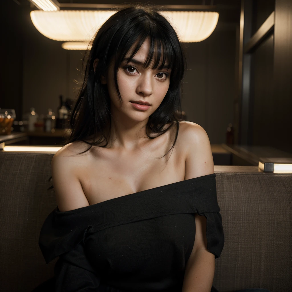 Best quality, masterpiece, ultra high res, (photorealistic:1.4), raw photo, 1 girl, happy, jet black hair, bangs, off shoulder, cinematic lighting