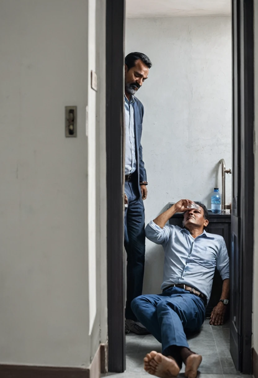A dies because the door falls on him while he is holding a glass of water in his hand