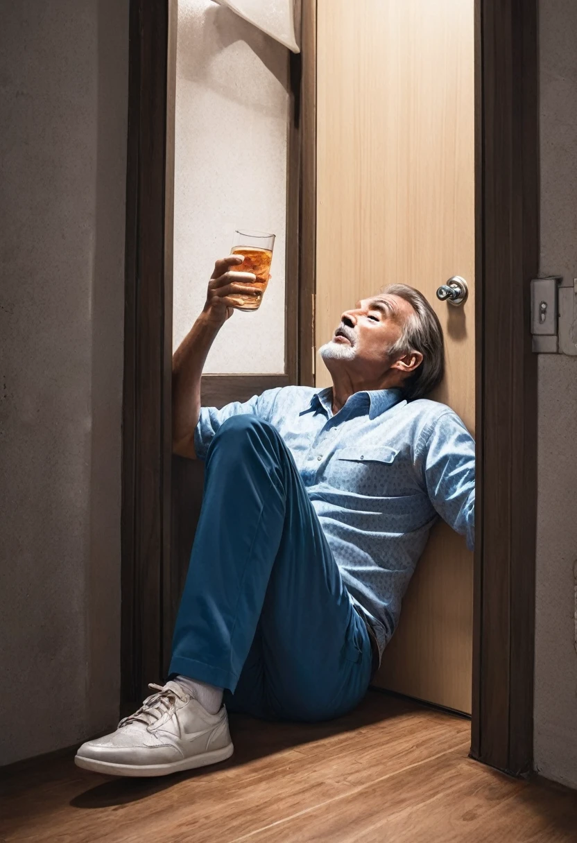 A dies because the door falls on him while he is holding a glass of water in his hand