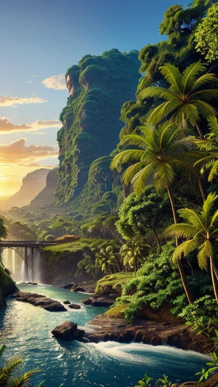 Hyper-realistic digital painting of a mysterious island where time has stood still, inhabited by dinosaurs. The lush, tropical jungle is teeming with prehistoric life, from towering brachiosauruses grazing on treetops to fierce velociraptors stalking through the underbrush. In the background, a waterfall cascades down a cliffside into a clear blue river. The sky is clear, with the sun casting a golden light over the scene. In the foreground, an explorer cautiously moves through the jungle, their expression a mix of awe and fear. Cinematic composition, trending on ArtStation.