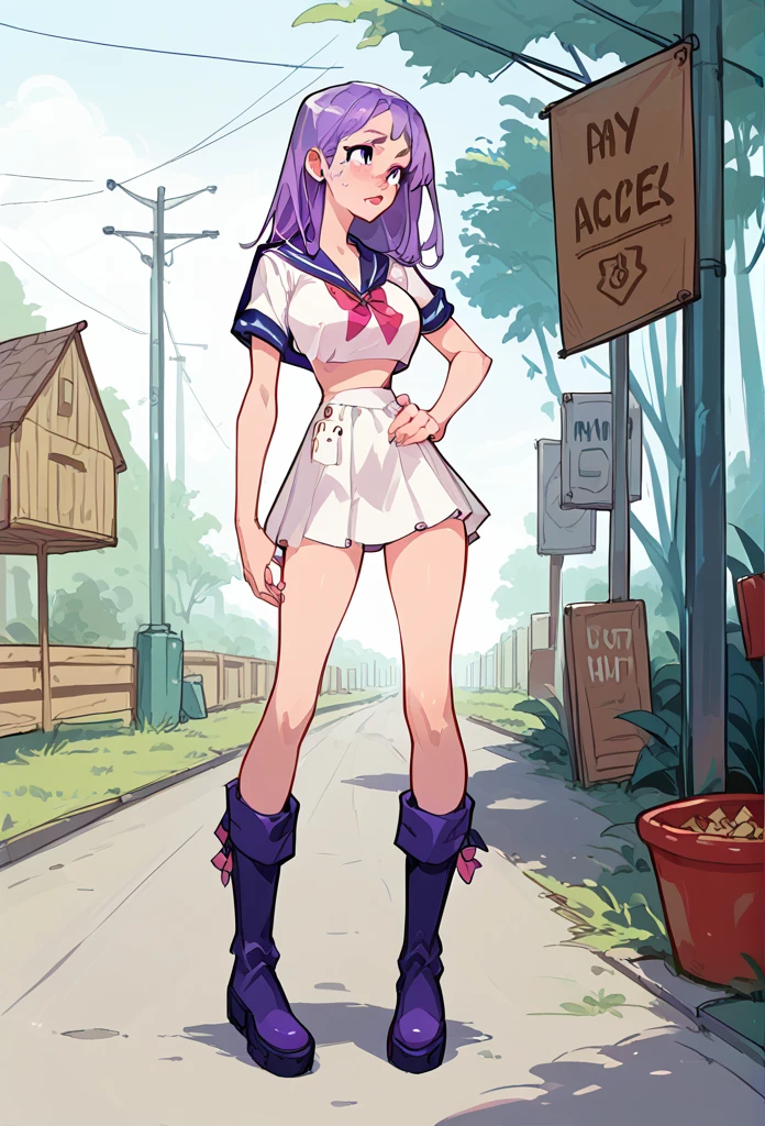 Masterpiece, best quality, high resolution, 1 woman , straight purple hair , Bob , conjunctivitis , A cold expression , sailor shirt , short skirt , boots, Long legs , full body , abdomen , big breasts , Put your hands on your hips... , roadside