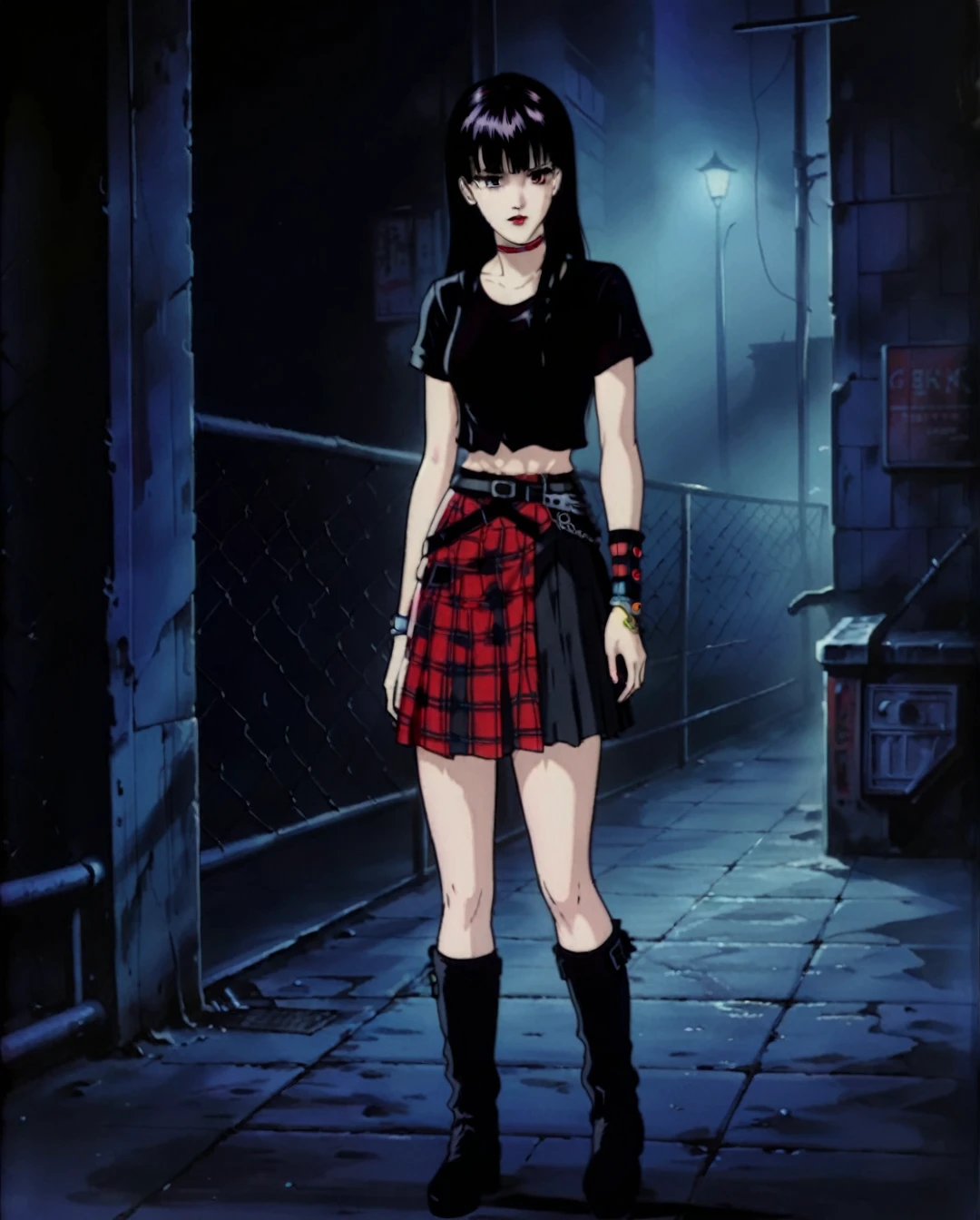 High resolution, full detailed, better image quality, Believe me a beautiful goth girl, who has black hair with Half-sided bangs painted dark red, with a short t-shirt, with a black and red plaid skirt, with black boots, with a punk style bracelet, and the punk style belt, full body, on a foggy night street, BREAK, Art style by Yoshiaki Kawajiri and Tsukasa Hojo and Toshihiro Kawamoto - -intricately detailed face - -80s and 90s anime still - -1980s retro anime - -1980s and 1990s anime retro nostalgia -highly detailed profile BREAK, ARISTYLE4, Soft Pastel -depth of field, Cinematic Angles, Dynamic angles, (((masterpiece))), perfect face, ((full body shot)),