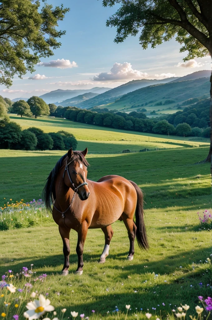 A charming, idyllic scene of a small Welsh pony grazing peacefully in a lush green meadow. The pony, with its distinctive black and white markings, is contentedly munching on grass. Surrounding it are vibrant wildflowers, and in the distance, you can see rolling hills and a picturesque stone barn. The sky is clear, and sunlight filters through the clouds, casting a warm glow over the scene.