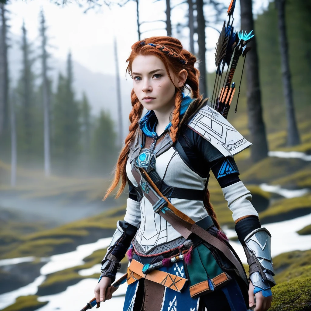 "With her bow and arrows ready for any challenge the post-apocalyptic world may bring, a young girl with red hair and determined eyes emerges at the cosplay event, faithfully portraying Aloy, the hunter-heroine of Horizon Zero Dawn. Her meticulously detailed costume not only showcases her artistic skill but also reflects her admiration for the character and the vast, mysterious world she explores."