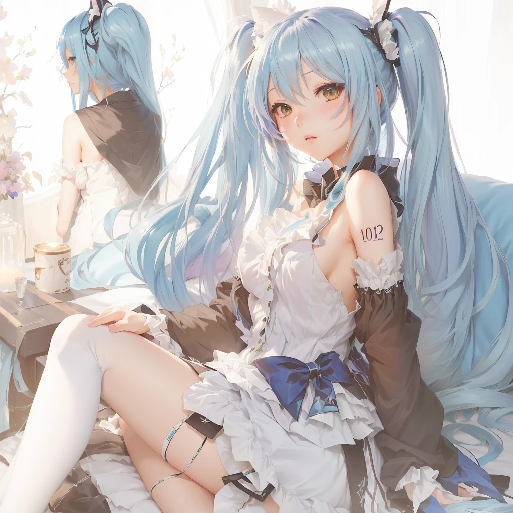 Long blue hair anime girl sitting on bed with cat, top rated on Pixiv, digital art on Pixiv, Pixiv, at Pixiv, by Shimo, Nightcore, Pixiv style, Pixiv contest winner, popular on Pixiv, Pixiv 3dcg, hatsune miku, trending on Pixiv, Anime Style 4k
