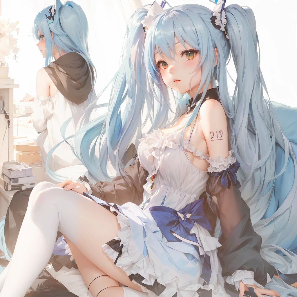 Long blue hair anime girl sitting on bed with cat, top rated on Pixiv, digital art on Pixiv, Pixiv, at Pixiv, by Shimo, Nightcore, Pixiv style, Pixiv contest winner, popular on Pixiv, Pixiv 3dcg, hatsune miku, trending on Pixiv, Anime Style 4k