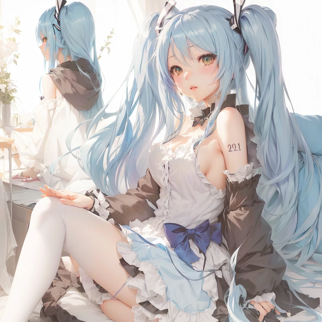 Long blue hair anime girl sitting on bed with cat, top rated on Pixiv, digital art on Pixiv, Pixiv, at Pixiv, by Shimo, Nightcore, Pixiv style, Pixiv contest winner, popular on Pixiv, Pixiv 3dcg, hatsune miku, trending on Pixiv, Anime Style 4k