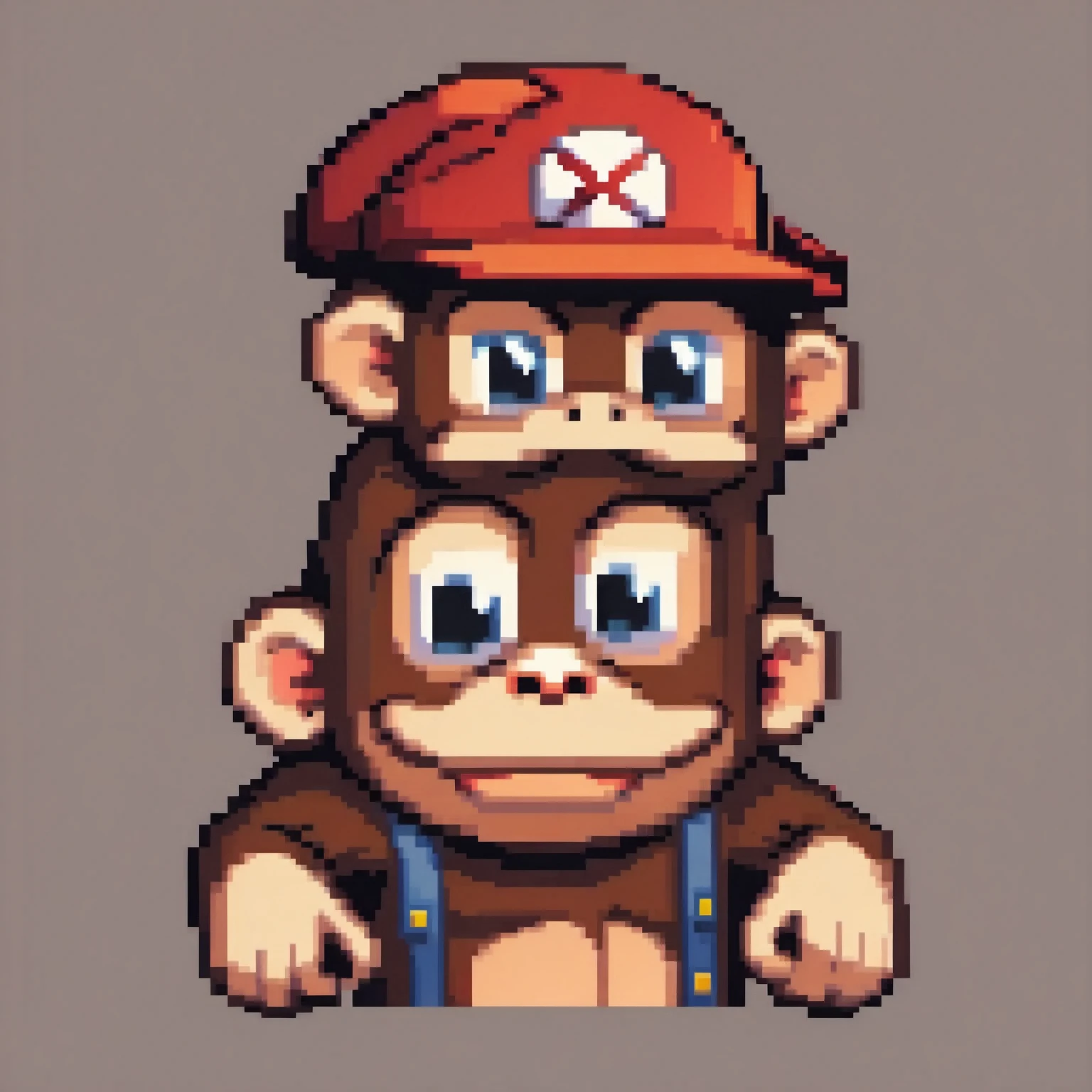 a close up of a person with a baseball cap on, bored ape nft, donkey kong, 2 d sprite, clever monkey with a long knife, character with a hat, archwizzard in a hat, monkey, pixel art sprite, 8bit, 8 bit, bored ape, pixel art animation, 8-bit, 8 - bit
