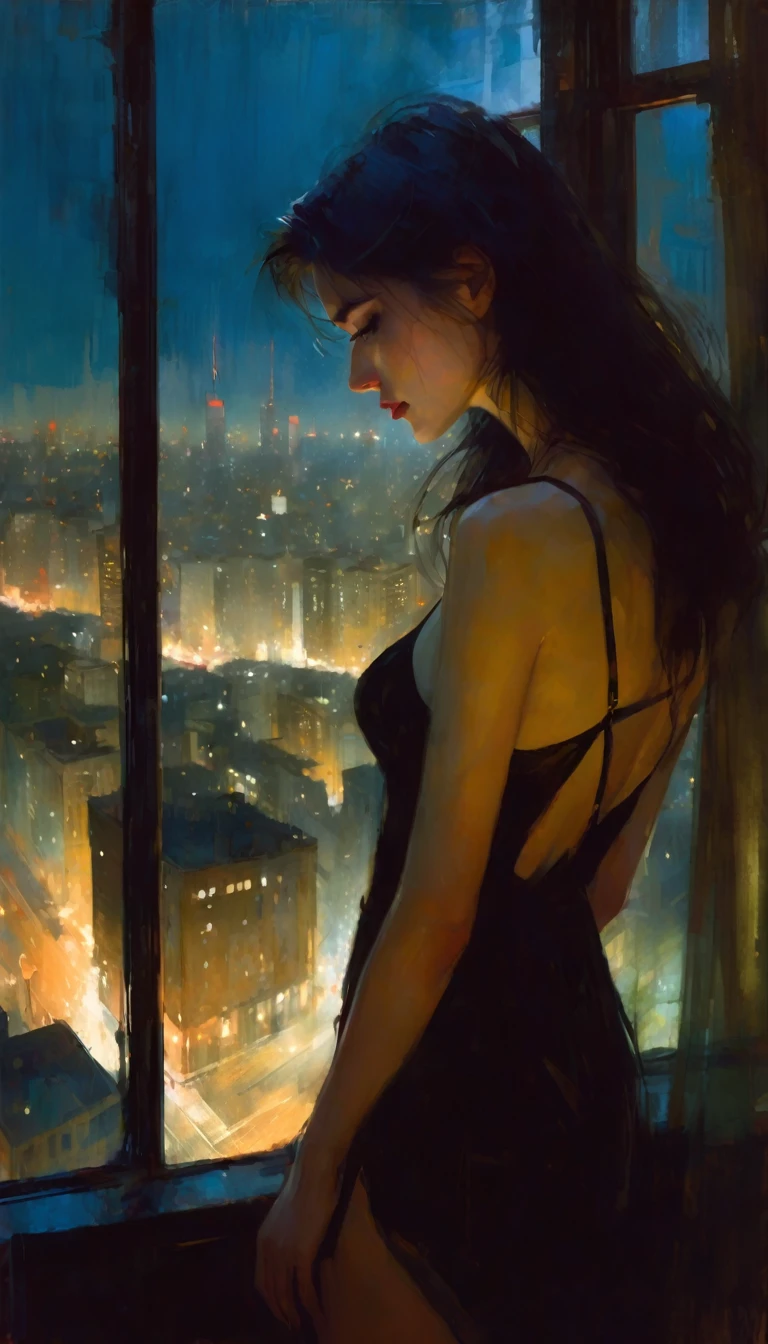 sexy girl, next to a large window overlooking a big city, night, sadness, melancholy, sexy,(art inspired in Bill Sienkiewicz). oil painting)