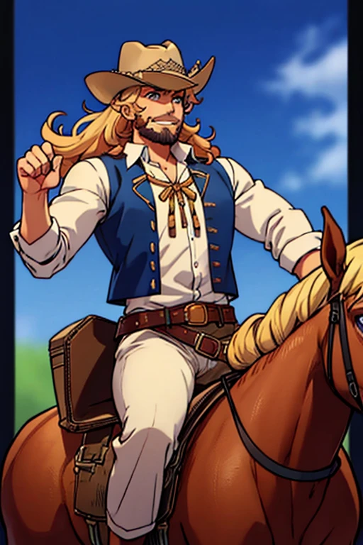 Perfect face. Perfect hands. A blonde muscular haired cowboy with blue eyes and a dark beard and long hair in a sheriff's outfit is riding a horse back into a wild west town with a big smile