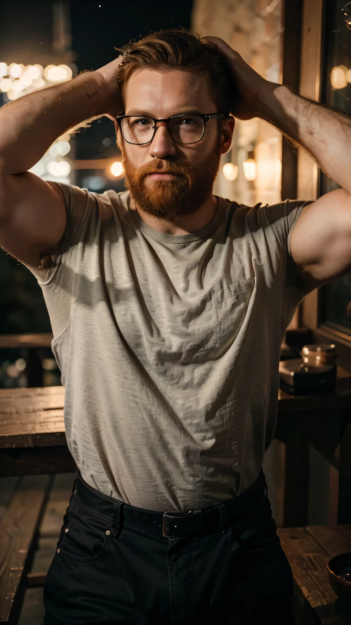 A portrait of a muscular redhead bearded man with short hair and a long beard wearing glasses, wearing shirt, looking at the night star sky, night time,  (Best quality, 4k, Masterpiece :1.3)