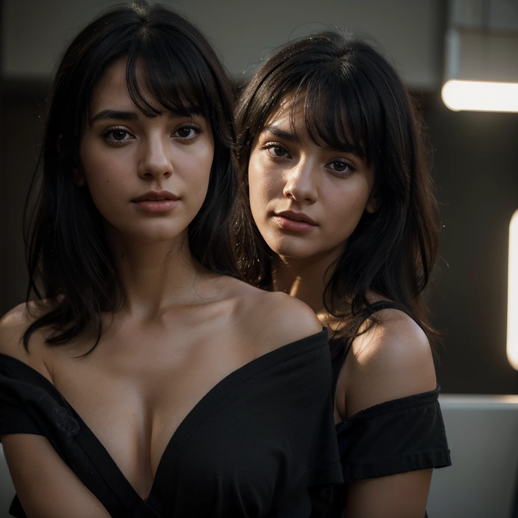Best quality, masterpiece, ultra high res, (photorealistic:1.4), raw photo, 1 girl, jet black hair, bangs, off shoulder, cinematic lighting