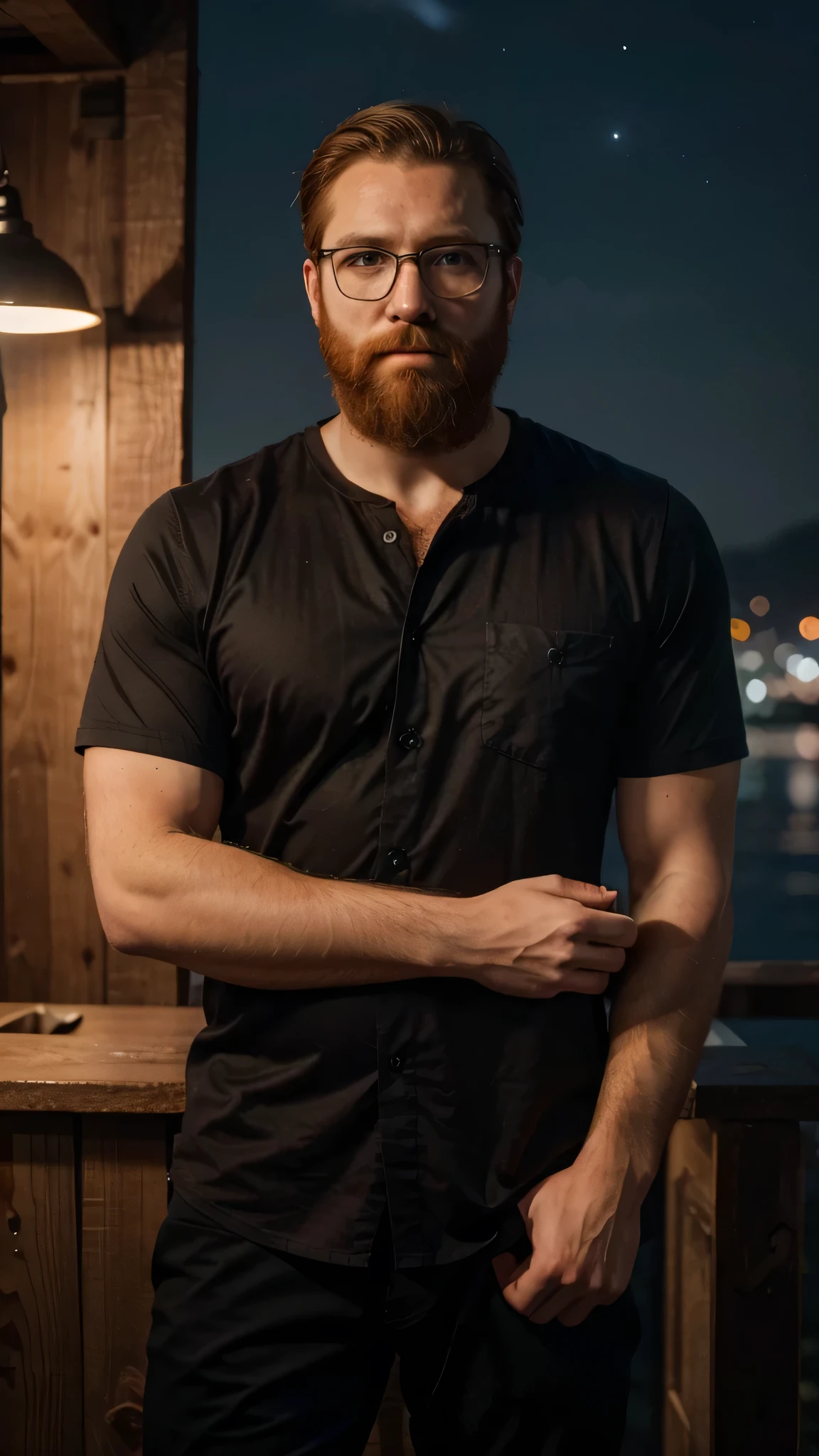 A handsome bald man inside a sitting on the bridge with book with a beard wearing a modern shirt and bracelets