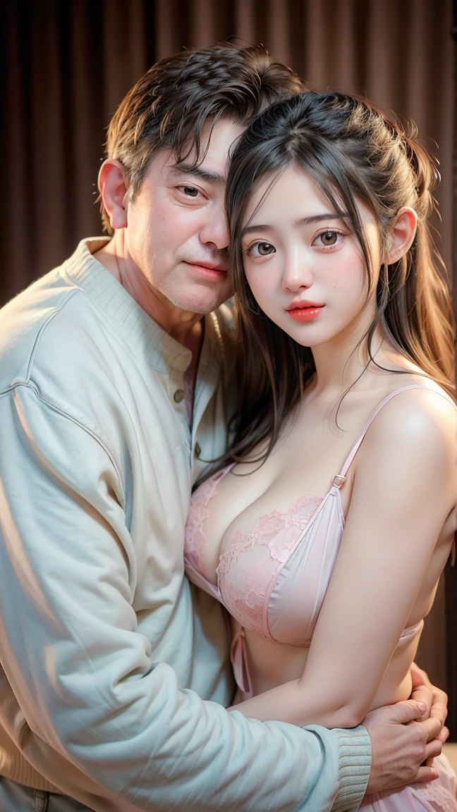 ((old man hugging a beautiful and sexy young girl)), 