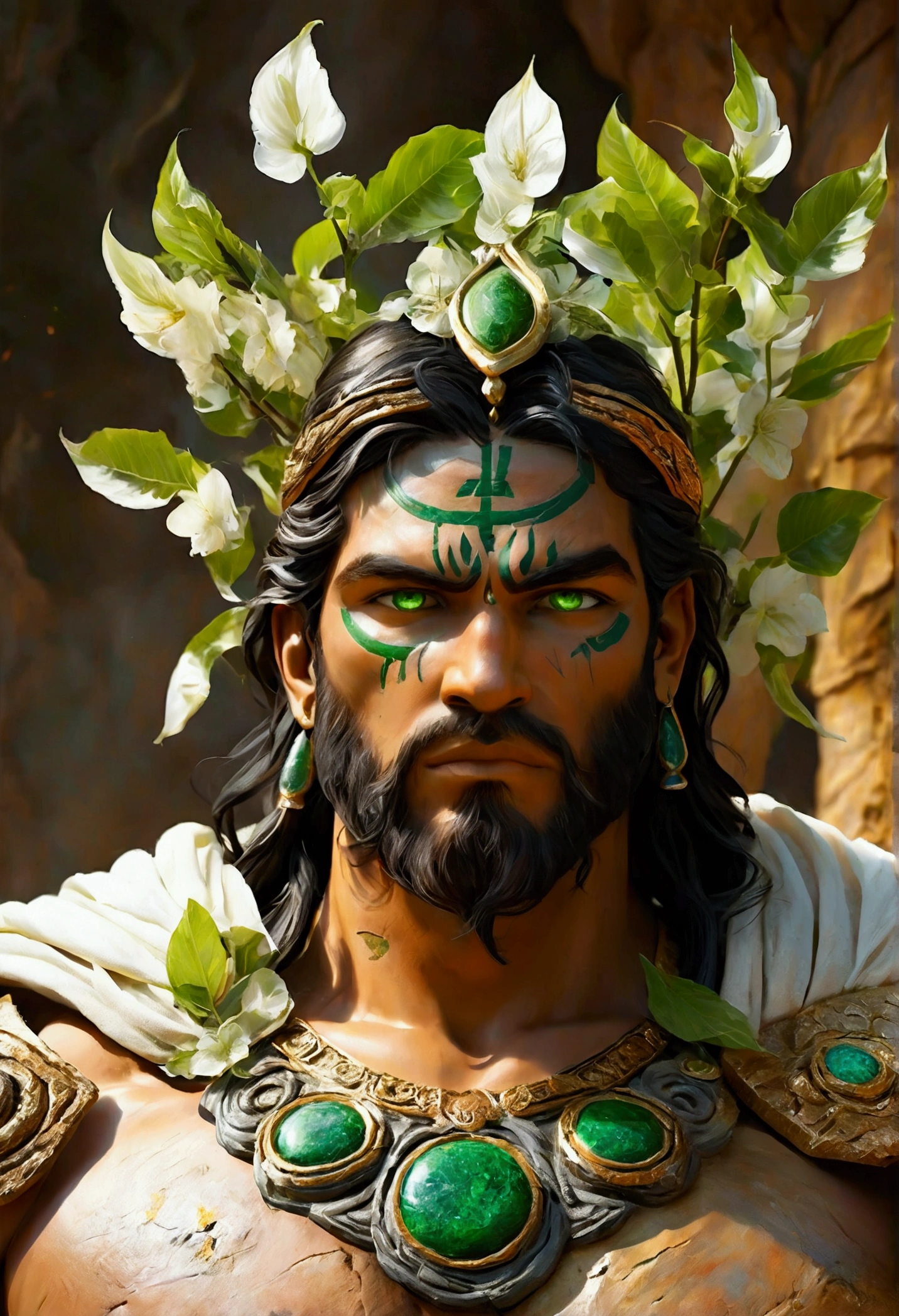 Create a detailed and expressive painting of an earth god with characteristics representing strength and wisdom, giving off a sense of power, it may be associated physically with the war god Ares and more with a Greek deity. The deity should be depicted in the foreground, with a proud and victorious smile, showing confidence and authority. His expression is not calm, but reflects intensity and determination, with eyes wide open and focused. The deity's features include black hair, light green eyes and ornaments typical of the earth element, as well as white skin, looking very much like a handsome Greek god. Make sure these ornaments reflect the essence of the earth, incorporating elements such as stones, vines or natural motifs, wood. The background should feature shades of brown, dark green and orange, blending to evoke the earthy mood against a black background. Use shading and textures to accentuate the strong presence of the deity and the ruggedness associated with the earth element. Use lighting to highlight the deity's facial features and depth of expression, creating a compelling contrast with the earth-toned background. The artistic style should emphasise intricate detail and a sense of ancient wisdom, ensuring a composition that feels both formidable and deeply connected to the earth element.