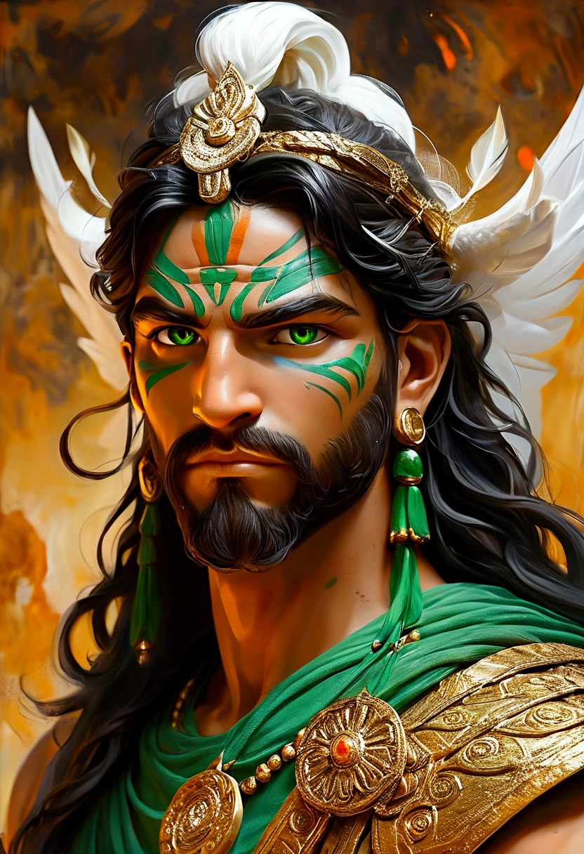 Create a detailed and expressive painting of an earth god with characteristics representing strength and wisdom, giving off a sense of power, it may be associated physically with the war god Ares and more with a Greek deity. The deity should be depicted in the foreground, with a proud and victorious smile, showing confidence and authority. His expression is not calm, but reflects intensity and determination, with eyes wide open and focused. The deity's features include black hair, light green eyes and ornaments typical of the earth element, as well as white skin, looking very much like a handsome Greek god. Make sure these ornaments reflect the essence of the earth, incorporating elements such as stones, vines or natural motifs, wood. The background should feature shades of brown, dark green and orange, blending to evoke the earthy mood against a black background. Use shading and textures to accentuate the strong presence of the deity and the ruggedness associated with the earth element. Use lighting to highlight the deity's facial features and depth of expression, creating a compelling contrast with the earth-toned background. The artistic style should emphasise intricate detail and a sense of ancient wisdom, ensuring a composition that feels both formidable and deeply connected to the earth element.