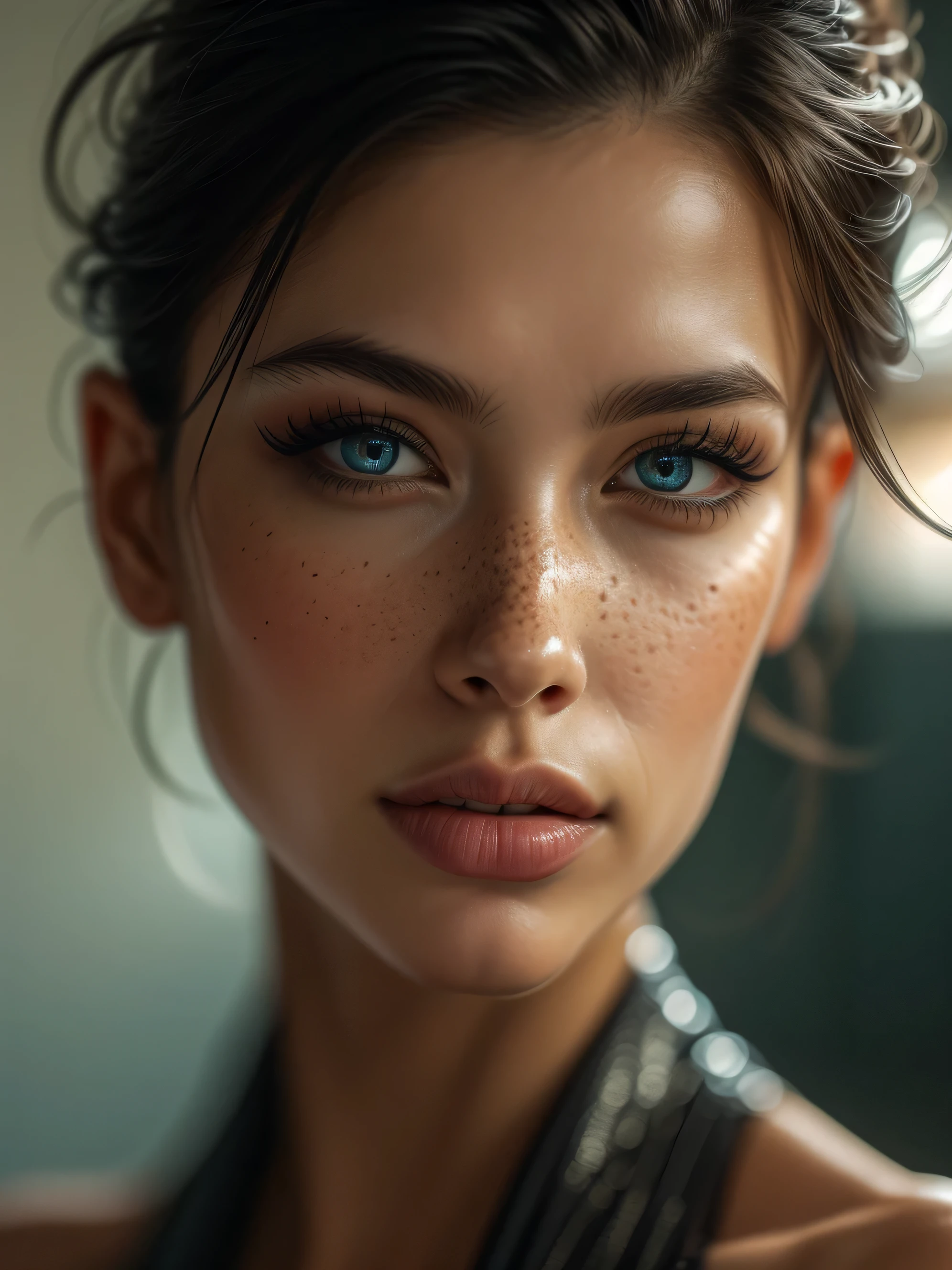 (((ultra realistic))) A close up Photo, masterpiece, top quality, (Ultra detailed face and eyes:1.3),1 divine goddess, 1 american  girl with freckles, beautiful goddess jewelery, looking from side, natural looking makeup, astonishing beauty, ultra beautiful cat eye makeup, seductive smile, seductive queen, (special attention to skin detail: 1.2),  Ultra detailed eyes, Erotic atmosphere,(lip bite), sexy short hair, strong jaw line, perfect geometry, detailed background, depth in field, sharp focus on details, intrinsic details, realistic photo