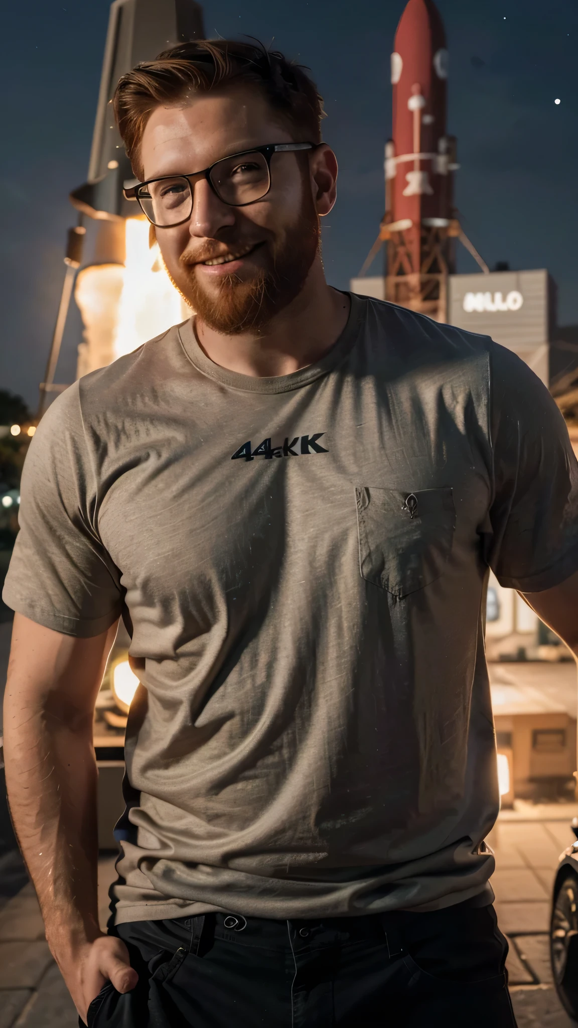 A portrait of a muscular redhead bearded man with short hair and a long beard wearing glasses, wearing shirt, staying near the rocket, night time, smile (Best quality, 4k, Masterpiece :1.3)