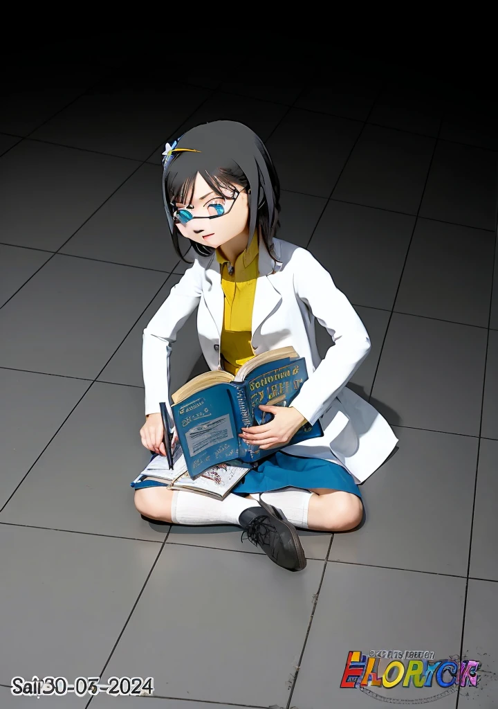 Girl, dark hair, blue eyes, flower hairpin, white lab coat, yellow shirt, blue skirt, black shoes, white socks, dark blue calculus book,writing,studying on the floor, half dark room
