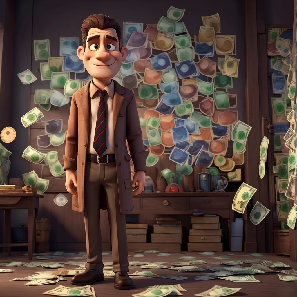 a somewhat dark character, holding dollar bills, cartoon 4k ultra