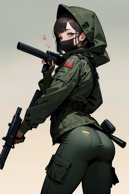 Balaclava,army jacket,army pants,full face masked,masterpiece,best quality,super detailed,super fine illustration,8k,ass pov,detailed background, Break holding shootgun,perfect shootgun,detailed shootgun,Break perfect hands,Break forest,background,Break she is holding a shootgun.