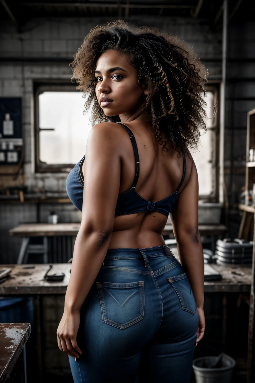 (close up, Editorial photography of a 30-year-old woman), background inside a private workshop, turner,  Dirty environment, Parts, moody fluorescent lighting: 1.OV, por Lee Jeffries, Nikon D850, film photography, 4 Kodak Portra 400, F1.6 camera lenses, rich colors, hyperrealisti, realistic texture, dramatic lighting, Cinemastill 800, Wavy hair, Messy hair, curls, Looking in another direction, behind, turned back ((She is facing away from me)) , hair blonde, wearing dirty jeans, fat. Body Curvy, ((Curvy)) Caucasian skin, black tee, European expressions, european  woman, European skin, Full Body