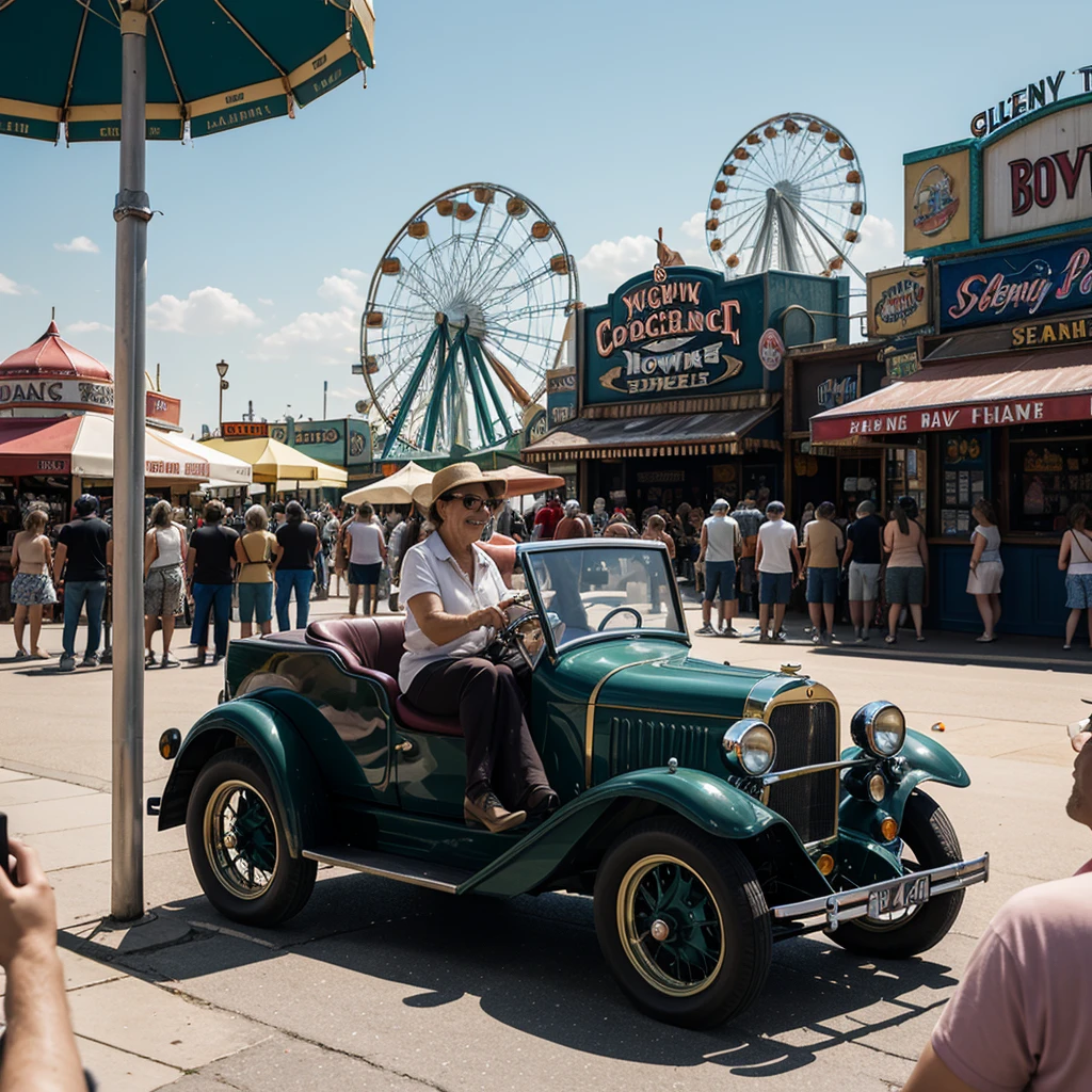 Illustrate a bustling antique car show on a sunny day at Coney Island. The street is lined with gleaming vintage cars in a spectrum of colors, attracting a crowd of enthusiastic visitors. In the background, the famous Ferris wheel and amusement park rides add a whimsical touch. The scene is set against a backdrop of vibrant storefronts adorned with classic circus-themed murals. People of all ages are engaged in lively conversations, taking photos, and admiring the beautifully restored cars, capturing the essence of a nostalgic and festive day by the seaside