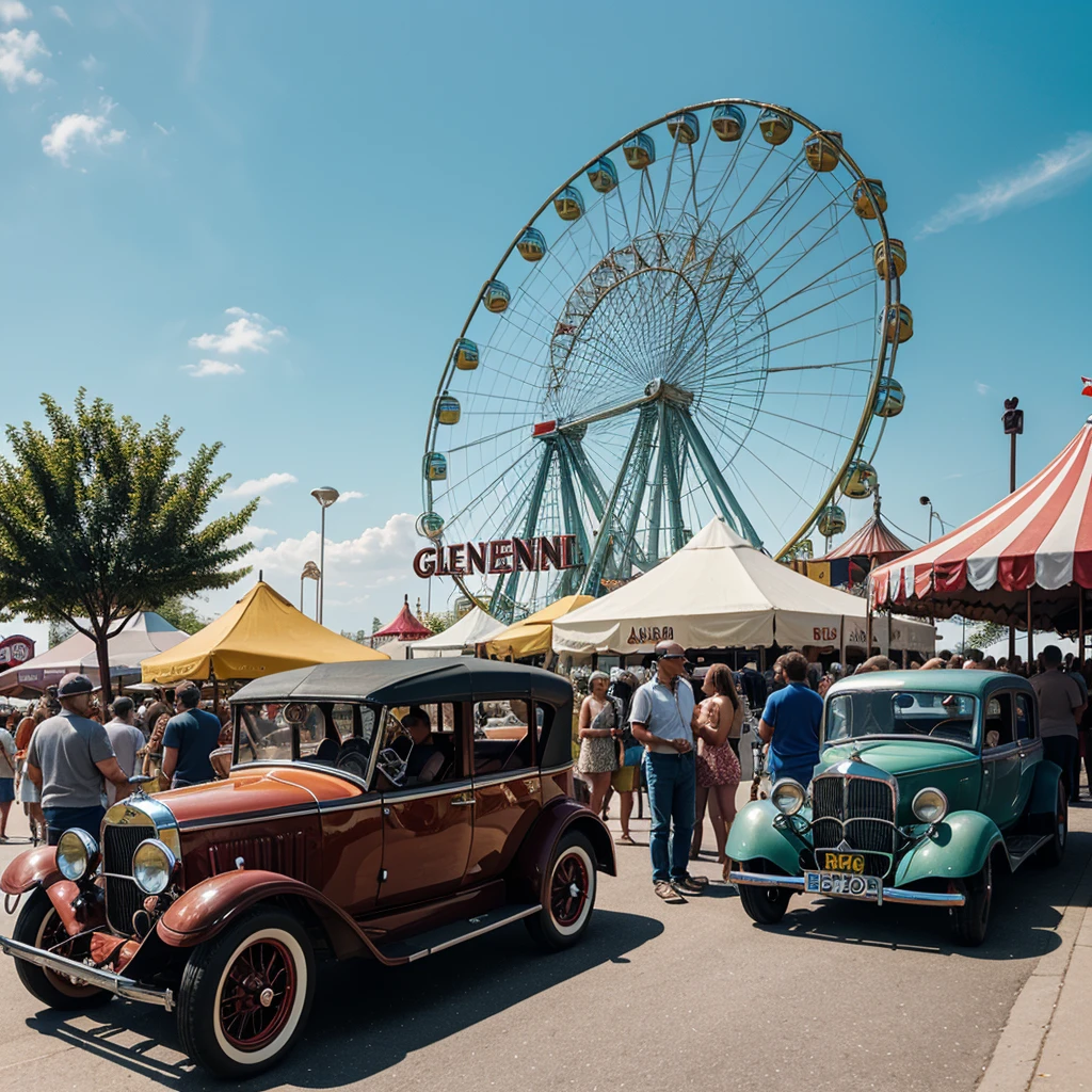 Illustrate a bustling antique car show on a sunny day at Coney Island. The street is lined with gleaming vintage cars in a spectrum of colors, attracting a crowd of enthusiastic visitors. In the background, the famous Ferris wheel and amusement park rides add a whimsical touch. The scene is set against a backdrop of vibrant storefronts adorned with classic circus-themed murals. People of all ages are engaged in lively conversations, taking photos, and admiring the beautifully restored cars, capturing the essence of a nostalgic and festive day by the seaside