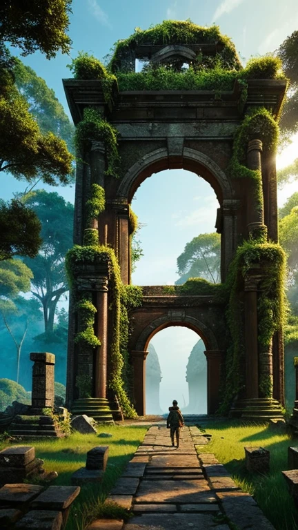 Hyper-realistic digital painting of a mysterious island with ancient ruins guarded by mythical creatures. The ruins are remnants of a once-great civilization, with towering stone structures covered in moss and vines. Giant statues of mythical guardians stand watch at the entrance to a central temple, their eyes glowing with an eerie light. The jungle around the ruins is dense and alive with the sounds of unseen creatures. In the foreground, an adventurer stands at the edge of the ruins, ready to uncover the secrets within. Cinematic composition, trending on ArtStation.