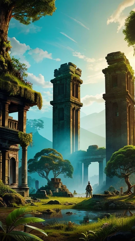 Hyper-realistic digital painting of a mysterious island with ancient ruins guarded by mythical creatures. The ruins are remnants of a once-great civilization, with towering stone structures covered in moss and vines. Giant statues of mythical guardians stand watch at the entrance to a central temple, their eyes glowing with an eerie light. The jungle around the ruins is dense and alive with the sounds of unseen creatures. In the foreground, an adventurer stands at the edge of the ruins, ready to uncover the secrets within. Cinematic composition, trending on ArtStation.