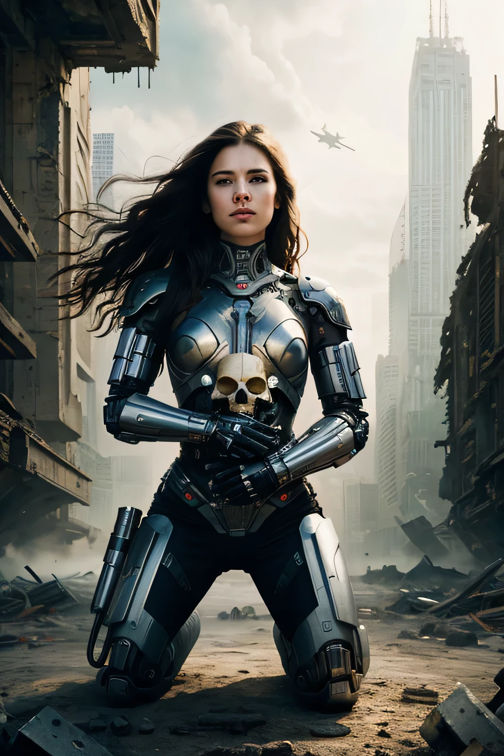 ((best quality)), ((masterpiece)), (detailed), female cyborg, kneeling in a devastated mega city, holding a humsn skull in her hands, a singel tear runs down her face