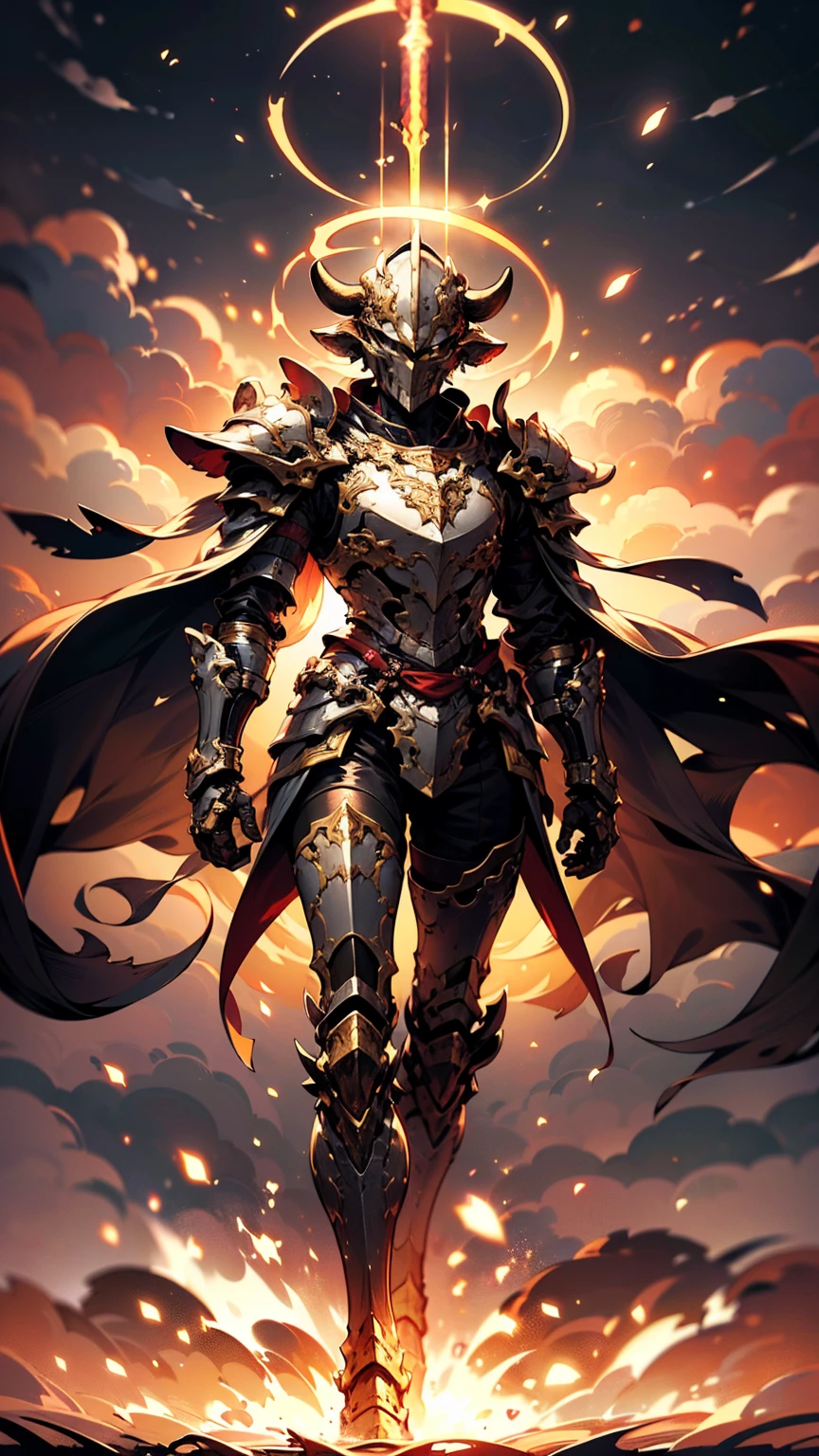 8K quality,(super masterpiece:1.3),Highest quality,Detailed Images,1 male,knight,pocket(Full Face,Two cow horns),armor(Silver Full Armor,Blue decoration),(Wear a red cloak,Red Cape),sword(燃えるsword,swordを右手で持つ),(background:Burning image,sunset,幻想的なsunset,The End,The end of the world,grassland,Takayama,Halo effects),(Whole body image,Standing with your legs apart),(Face directly towards the camera,Looking directly at the viewer,looking at the camera,The body faces the viewer,The body is facing the direction of the camera,Face looking straight into the camera).