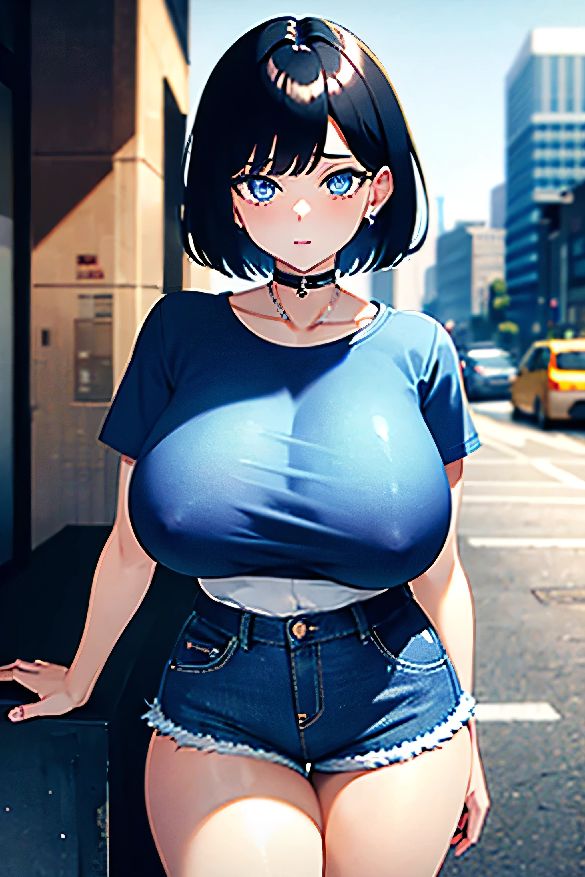 1 girl, short black hair, blue eyes, denim shorts, city, absurdres, high res, ultrasharp, 8K, masterpiece, looking at viewer, nsfw, thick, thick thighs, Not wearing shirt, huge cum on breast's