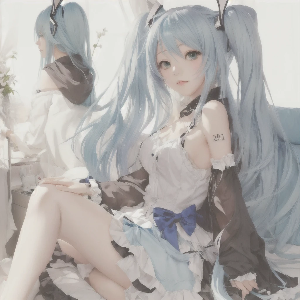 Long blue hair anime girl sitting on bed with cat, top rated on Pixiv, digital art on Pixiv, Pixiv, at Pixiv, by Shimo, Nightcore, Pixiv style, Pixiv contest winner, popular on Pixiv, Pixiv 3dcg, hatsune miku, trending on Pixiv, Anime Style 4k