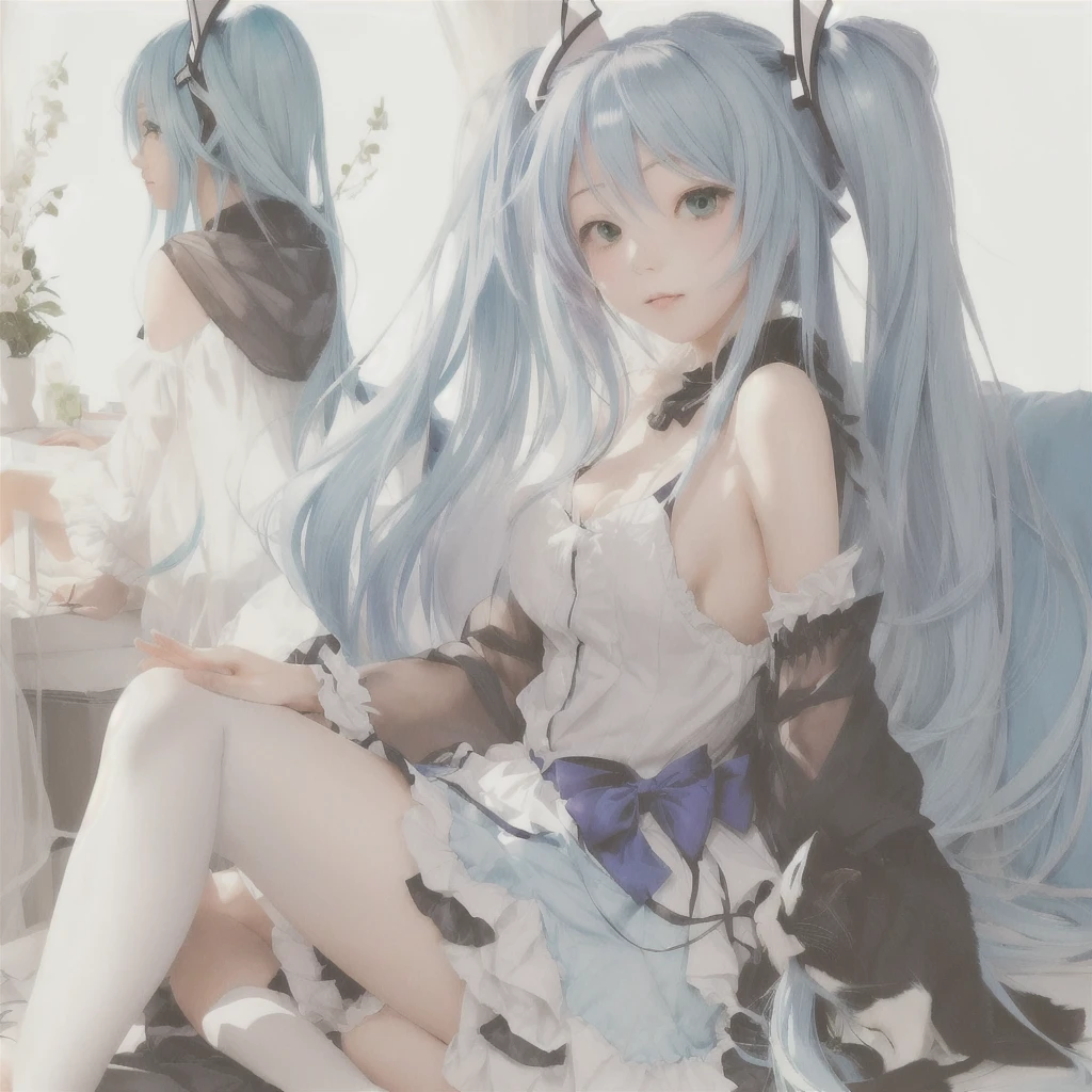 Long blue hair anime girl sitting on bed with cat, top rated on Pixiv, digital art on Pixiv, Pixiv, at Pixiv, by Shimo, Nightcore, Pixiv style, Pixiv contest winner, popular on Pixiv, Pixiv 3dcg, hatsune miku, trending on Pixiv, Anime Style 4k