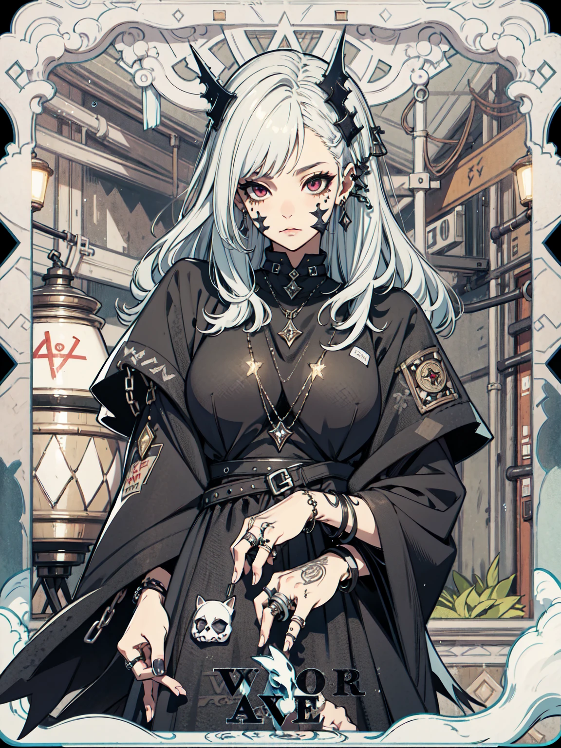 frontage, front face, masterpiece, 8k, best quality, extremely detailed, Fortune teller, ultra-detailed face, detailed eyes, hires, piercings, Ring, tattoo, Gothic, beautiful attractive girl, jewelry, clothes with attention to detail, Perfectly proportioned, Big breasts, detailed hair, long hair, chain