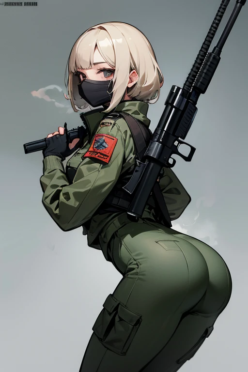 Balaclava,army jacket,army pants,full face masked,masterpiece,best quality,super detailed,super fine illustration,8k,ass pov,detailed background, Break holding shootgun,perfect shootgun,detailed shootgun,Break perfect hands,Break forest,background,Break she is holding a shootgun.Break Side angle
