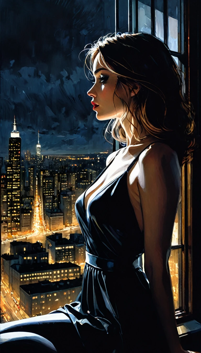 sexy girl, next to a large window overlooking a big city, night, sadness, melancholy, sexy, between shadows, oil painting, chiaroscuro, sensual, dramatic lighting, moody atmosphere, photorealistic, intricate details, masterpiece, ultra-detailed, high quality, 8k, best quality, realistic, cinematic, dark and brooding, expressionistic, powerful composition, emotional impact, Bill Sienkiewicz inspired art