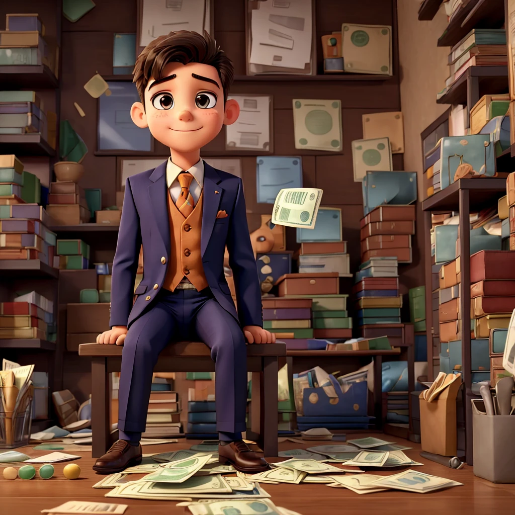 A young boy in a sharp suit, sitting casually among stacks of cash. The setting is vibrant, with the notes scattered around him, creating a sense of abundance and success. The boy should have a confident expression, embodying a mix of innocence and ambition. The background can be subtle to keep the focus on him and the money.