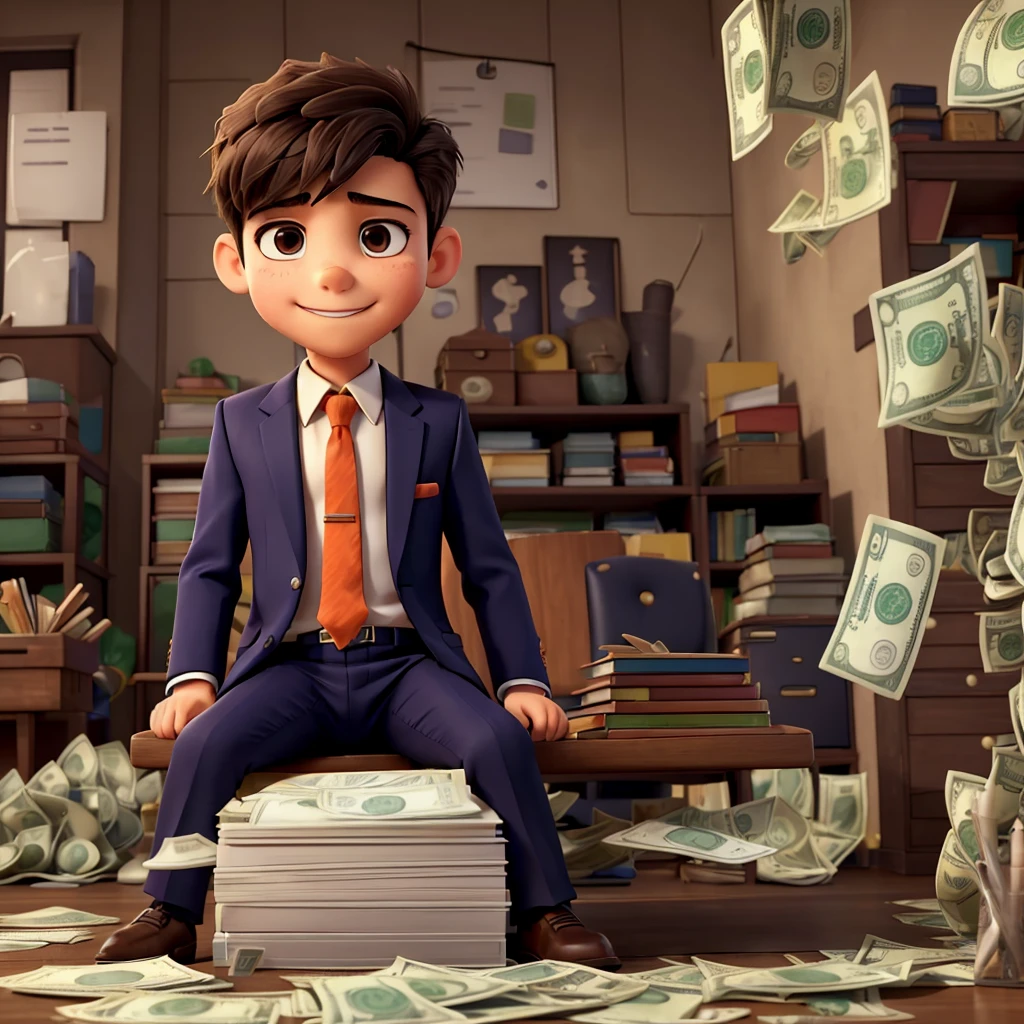 A young boy in a sharp suit, sitting casually among stacks of cash. The setting is vibrant, with the notes scattered around him, creating a sense of abundance and success. The boy should have a confident expression, embodying a mix of innocence and ambition. The background can be subtle to keep the focus on him and the money.