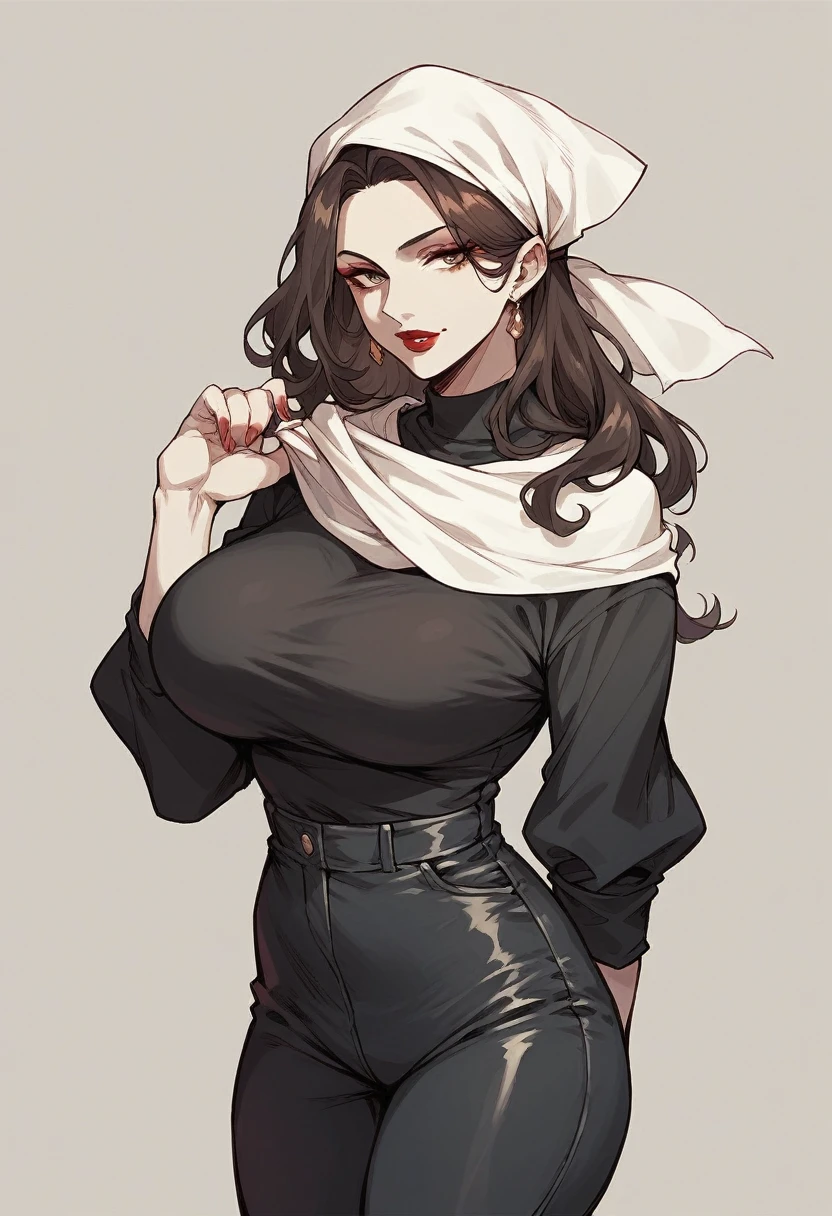 Mature woman, solo, dark brown long hair, makeup, red lipstick, white skin, black shirt, black pants, white headscarf