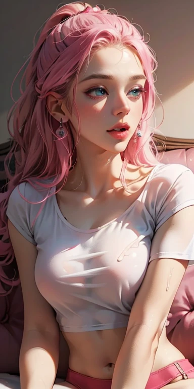 ，pink hair 28 year old girl，zelda, earrings , 、Face Real，(Wearing a white T-shirt)、Open your mouth wide to the maximum、Sit on the bed、Look straight up and look at us、deep v neck, Cleavage emphasis，(Super large zoom of chest)、no BRA、sexly, dripping on breasts, sweating, licking her lips, erect nipples, wet tshirt
