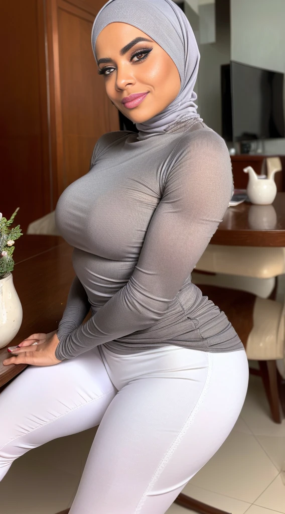 RAW, Best quality, high resolution, work: 1.3, beautiful spanish woman in hijab, beautiful big eyes, smiling, beautiful face, glosy lips, modern plain cream hijab, smile, medium portrait shot , watery eyes ,big breast,masutepiece, Best Quality, Ultra-detailed, finely detail, hight resolution, 8K, Perfect dynamic composition,in a cafe、sitting on、(((bending forward)))、(((Grey Color Turtleneck Knit)))、((Red cheekra Shots)、White long skirt、Golden earrings、Clean thighlack stockingalay 30-year-old woman、 Beautiful detailed eyes, Natural Color Lip,F Cup Breasts、Opens mouth and laughangss、Red cheekrom the rear