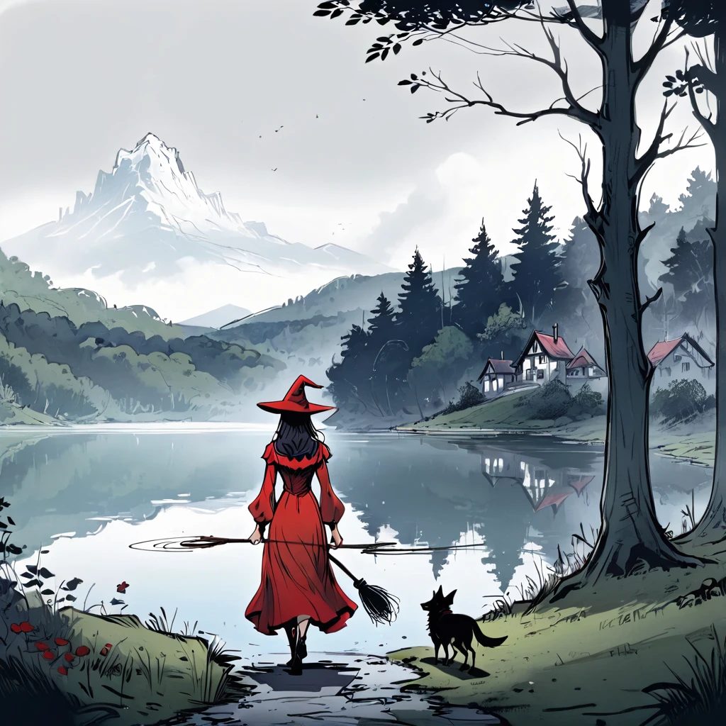 (best quality, 8k, masterpiece) A beautiful young witch，Wearing a red dress（European medieval style，Gothic style），Walking alone by the lake in the woods。Line drawing style，Suspenseful dark style。