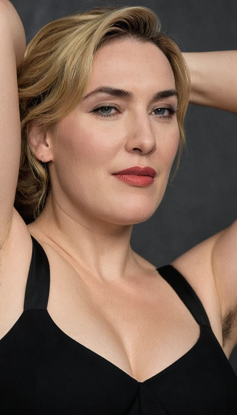 hyper realistic hollywood actress Kate Winslet showing her chubby underarms, chubby arms, sleeveless black blouse, realistic underarms, detailed skin texture, realism, ultra hd, 8k resolution.