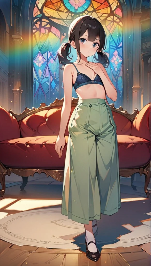 (masterpiece:1.8),(Highest quality:1.8),(Very detailed:1.8),(8k:1.8),(Ultra-fine Illustration:1.5),,,Straight low twintail,Flat Chest,Small Ass,(High-grade ,,lingerie:1.4),(Prayer Pose:1.5),Vintage sofa,,(Full body angle), Stained glass, Rainbow Gradient, Foundation, (bra:1.3), (lingerie,culottes:1.6), long nipples