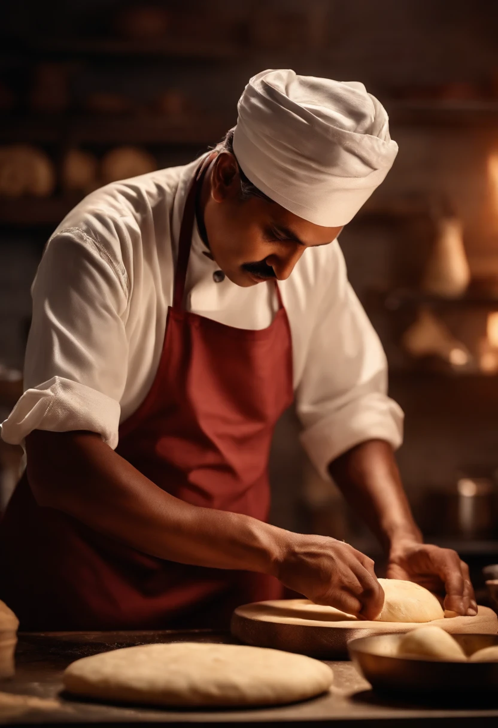 Draw an Indian chef pounding dough to make naan。